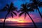 Beach palms sunset sky. Generate Ai