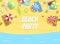 Beach Party Banner Template, Summer Party Invitation Card, Flyer with Tropial Beach and Colorful Parasols Vector