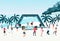 Beach party flat vector illustration. Open air live performance. Rock, pop musician concert in park, camp. Concert on shore of