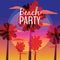 Beach Party Flyer, Baner, Invitation Tropical sunrise at seashore, sea landscape with palms, minimalistic illustration