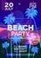 Beach party futuristic poster design with palm trees abstract wave lines geometric shapes