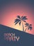 Beach party poster in 1980s retro style colors. Summer sunset flyer with palm trees.