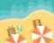 Beach with people lying on sun loungers and beach umbrellas. Flat vector illustration