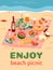 Beach picnic card with tablecloth served for picnic cartoon vector illustration.