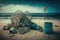 beach with piles of discarded fishing gear, nets, and traps on the sand