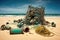 beach with piles of discarded fishing gear, nets, and traps on the sand