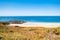 Beach Pit on Breton coastline in France Frehel Cape region with its sand, rocks and moorland in summer