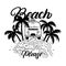 Beach please hand written lettering with palms, waves, surf car.