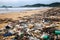 Beach polluted with garbage, litter and plastic waste, Generative AI