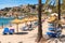 Beach in Port de Soller, Majorca seaside resort, a popular tourist destination. Baleares, Spain