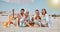 Beach, portrait and happy big family on vacation, adventure or trip together for summer in Australia. Grandparents