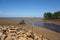 Beach when recede with object wooden fishing boat.