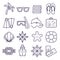 Beach, resort line icons. Palm, sunglasses, flip flops, diving mask, shell and other holiday elements.