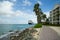 Beach Resort with stone walkway and view of the cruise port in Aruba.