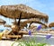 Beach  resort white sand lilac blue flowers straw women hats awnings umbrellas blue sky wooden tables sun loungers Mediterranean S