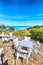 Beach restaurant on Famous La Pelosa beach on sunny summer day