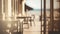 Beach restaurant with sea view. Blurred background. Toned.