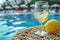 Beach retreat wicker table, empty wine glass with lemon inside