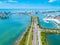 Beach Road. Panorama Aerial view on Clearwater Beach FL. Ocean or shore Gulf of Mexico. Spring break or Summer vacations