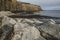 A beach, The Robin Hood`s Bay, sunny wintery day.