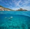 Beach and rock with fish and sand underwater sea