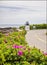 Beach roses and Lobster point lighthouse along the rocky coast of Maine on the Marginal Way path in Ogunquit