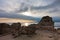 Beach with ruins of old roman city of Nora, Sardinia