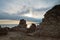 Beach with ruins of old roman city of Nora, Sardinia