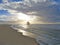 Beach, sailing ship, sea and sunset