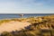 Beach with sand, marram grass and a ship in the background