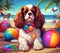 A beach scene of a colorful Cavalier King Charles with balls generative AI