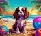 A beach scene of a colorful Cavalier King Charles generative AI