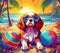 A beach scene of a colorful Cavalier King Charles in sunglasses generative AI