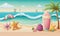 a beach scene with a drink, starfish, and a beach umbrella illustration by the ocean illustration by alex krawczciak