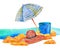 Beach scene. Parasol, bucket and hat on the sand