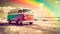 Beach scene with vibrant rainbow and retro-style van parked on the sand