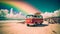 Beach scene with vibrant rainbow and retro-style van parked on the sand