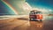 Beach scene with vibrant rainbow and retro-style van parked on the sand