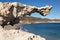 Beach and sculpted rock structure