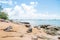 Beach and sea with blue sky and reef rock beach