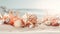 Beach sea themed banner or header with beautiful shells, corals and starfish on pure white sand - summer concept. Generative AI