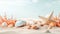 Beach sea themed banner or header with beautiful shells, corals and starfish on pure white sand - summer concept. Generative AI