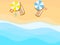 Beach, seashore with waves. Chaise lounge with an umbrella and sandals by the sea. Vector