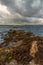 Beach with seaweed reefs, blue water, sailing ships and boats, dramatic sky