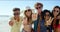 Beach, selfie and friends peace sign hands, diversity and happy group of people or smile with sunglasses on holiday