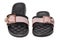 Beach shoes isolated. Close-up of a pair modern black pink ladies rubber bathing sandale isolated on a white background. Macr