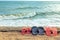 Beach Slippers on the sand against the sea