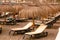 Beach straw umbrellas and palm trees