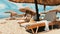 Beach straw women hats awnings umbrellas blue sky wooden tables sun loungers Mediterranean Sea tropical nature resort mount Olympu