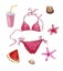 Beach stuff, pink travel set, watercolor objects of vacation: bikini, beverage, plumeria, starfish, shells, watermelon